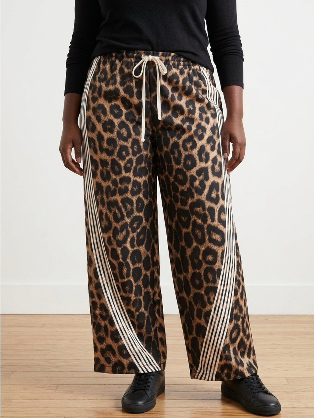 Leopard Print Jogger Pants with White Side Stripes